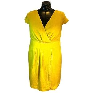 Talbots Woman 100% Linen Faux Wrap Dress in Chartreuse Yellow